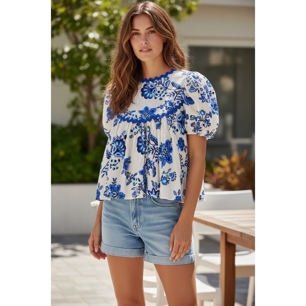 Fate Womens L Blue White Floral Linen Blend Babydoll Puff Sleeve Tunic Top